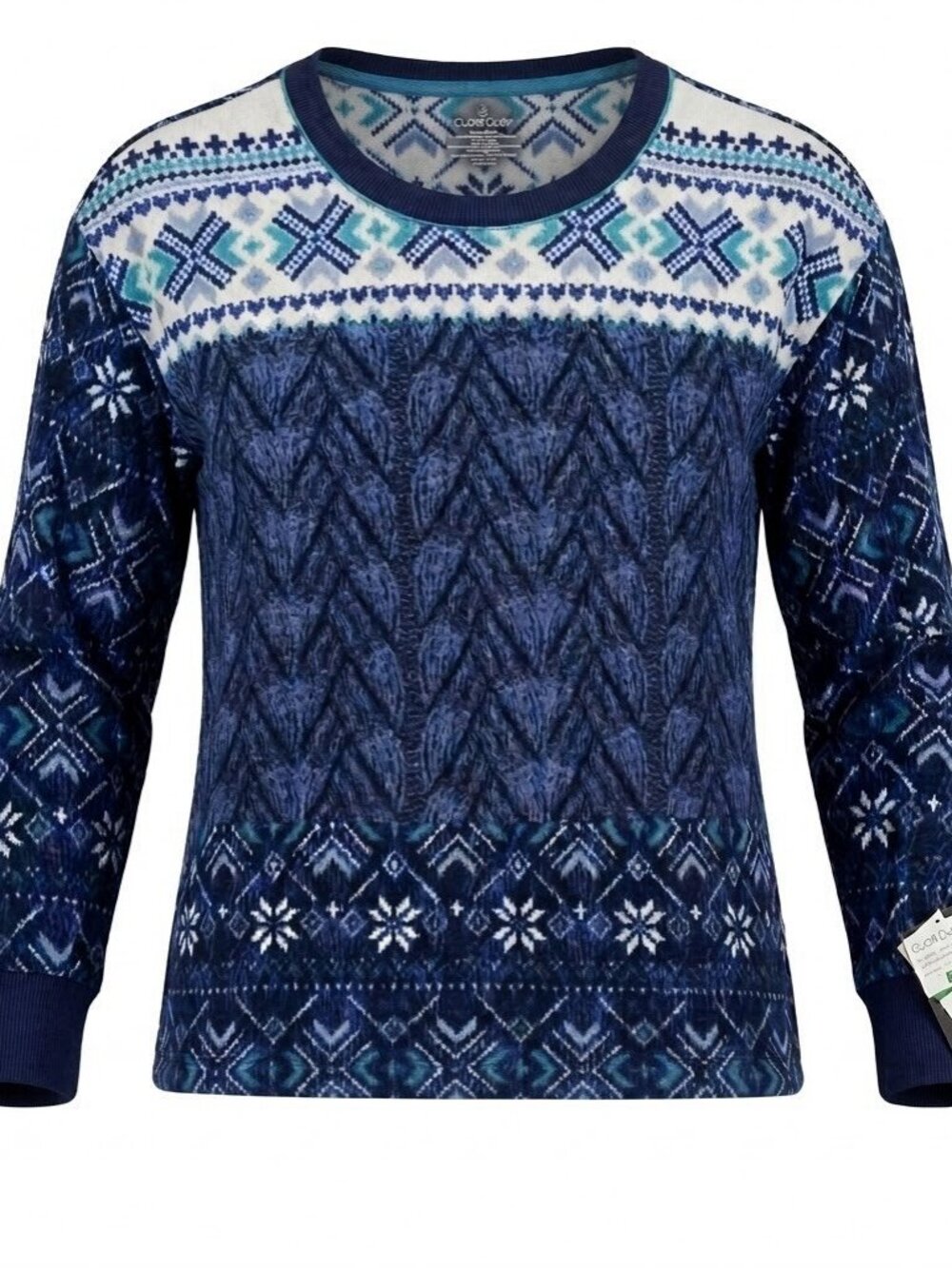 Cuddl Duds Fleecewear Long Sleeve Crew Top Womens L Large Navy Fair Isle NWT